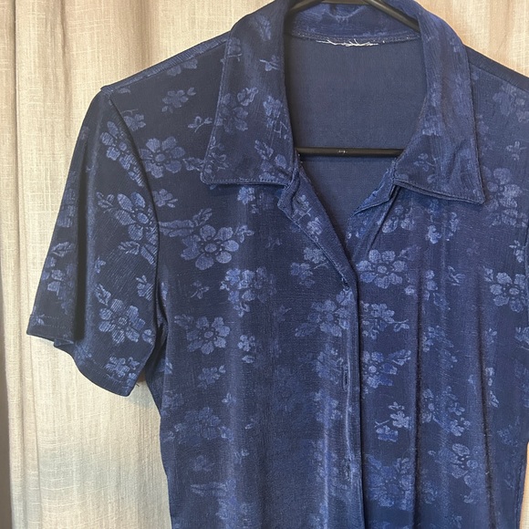 VINTAGE FLORAL NAVY BLUE SEMI-SHEER BLOUSE BUTTON UP FAIRYCORE - Picture 2 of 3